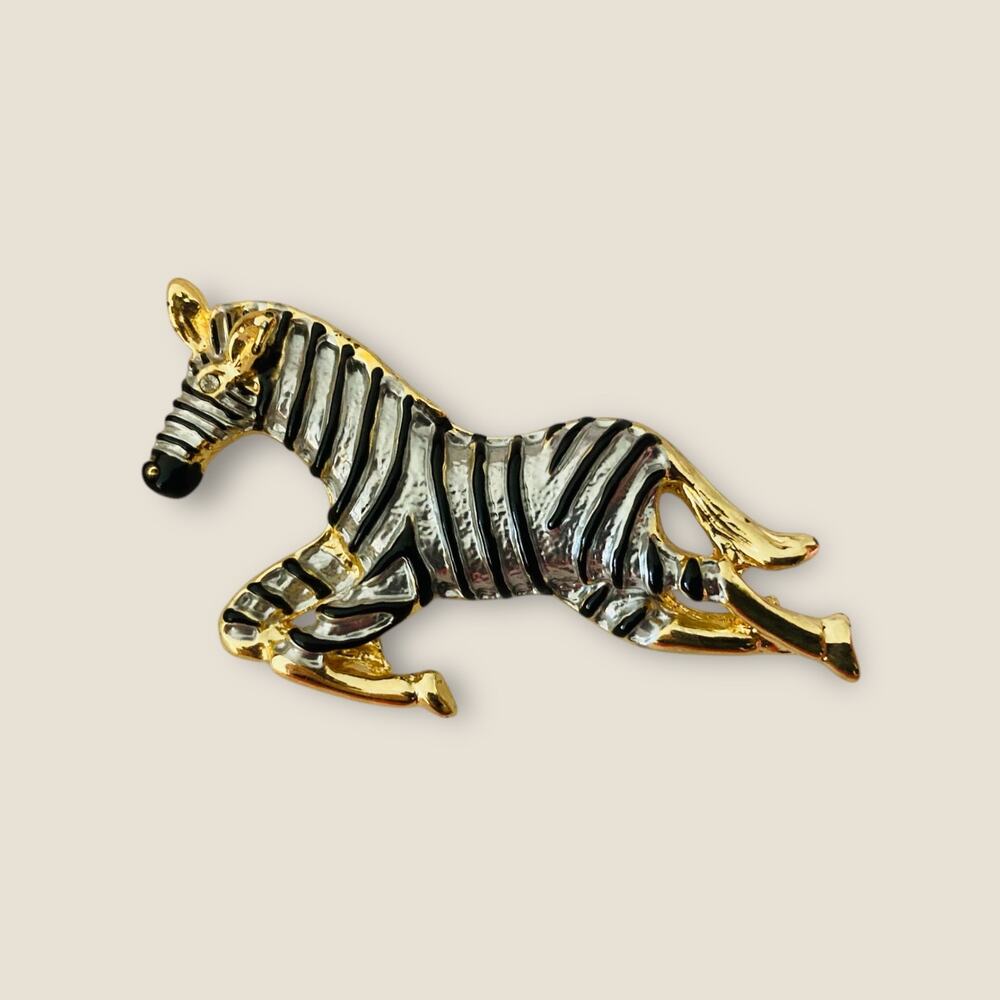 Vintage Enamel Zebra Pin Animal Brooch Gold Silver Jewelry 2.5”